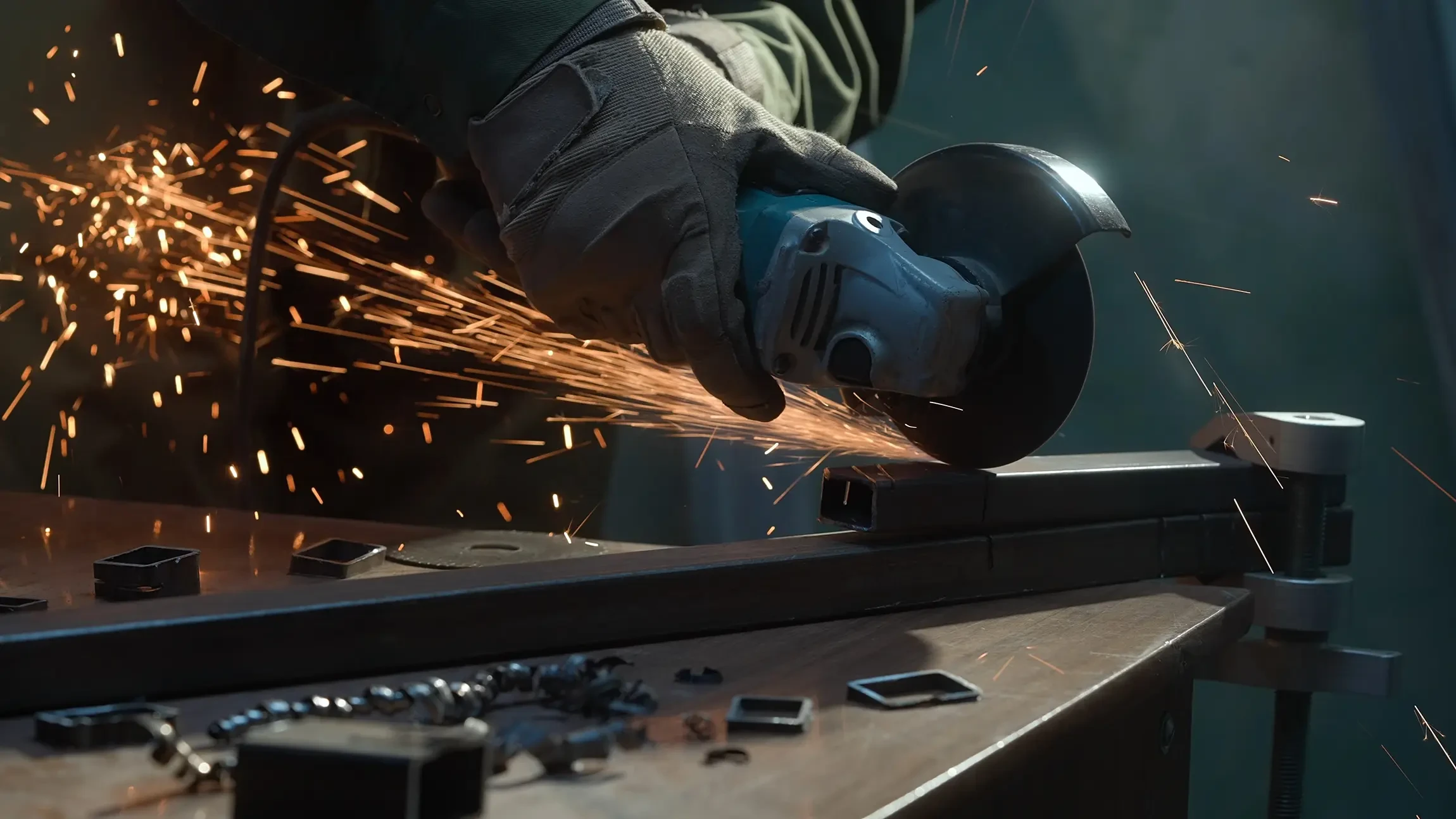 Atelier de métallurgie avec opération de soudage ou découpe sur pièce métallique cylindrique