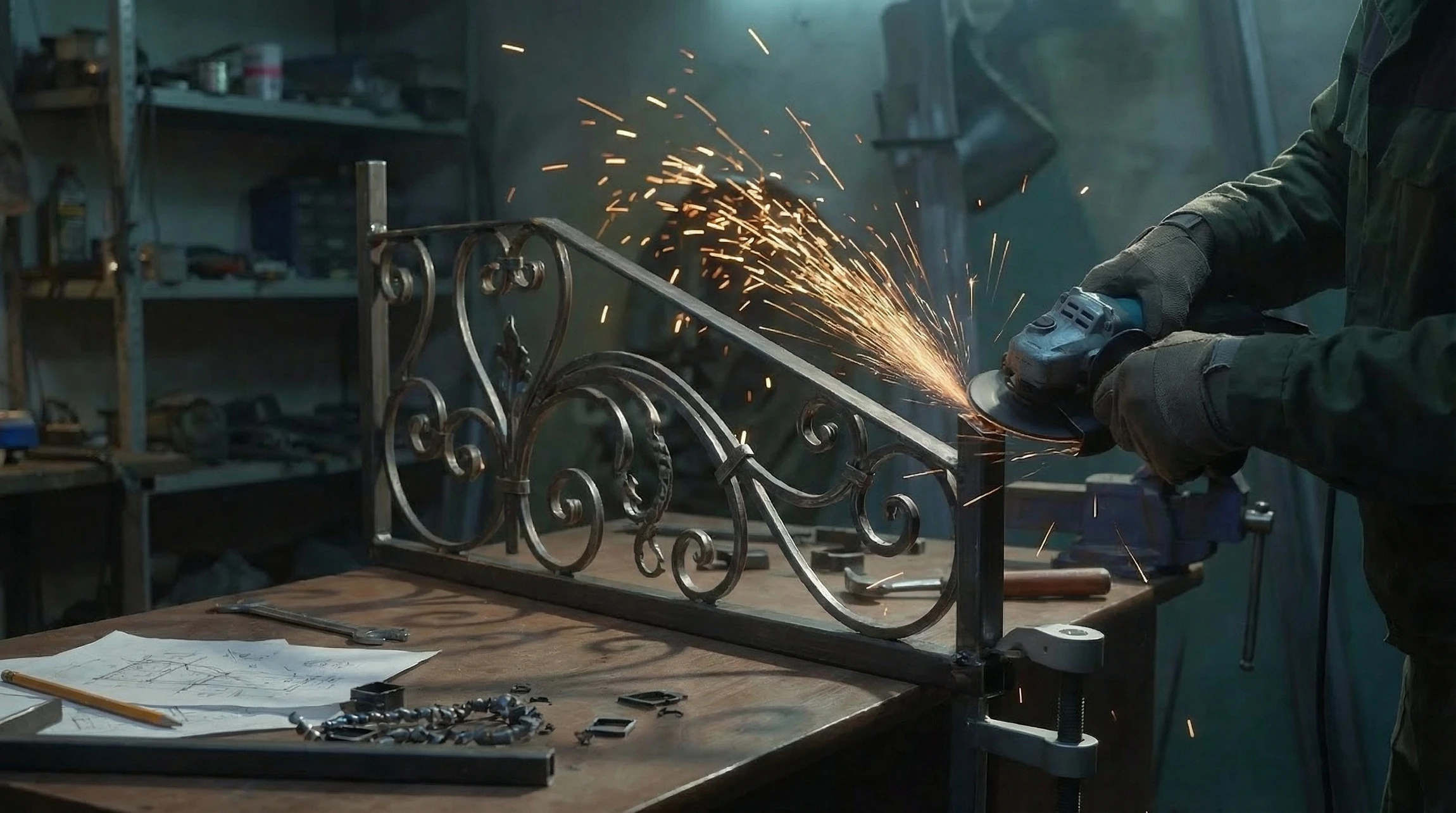 Atelier de métallurgie avec ouvrier utilisant une meuleuse d'angle sur une poutrelle métallique